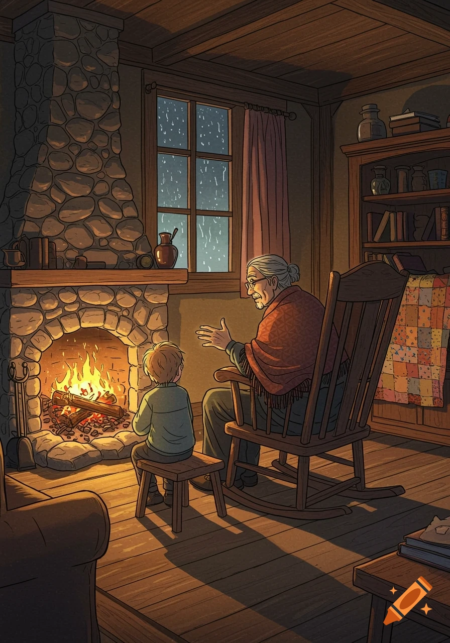 An older storyteller with a shawl tells a story to a child by a crackling fireplace in a cozy cottage, rain falls outside the window in manga style.