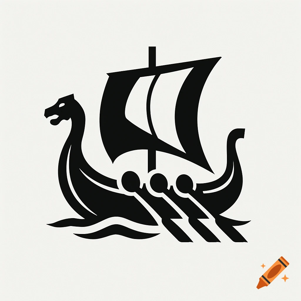 A minimalist black logo of a Viking longship with a dragon head prow, sail, and oars, on a light background.