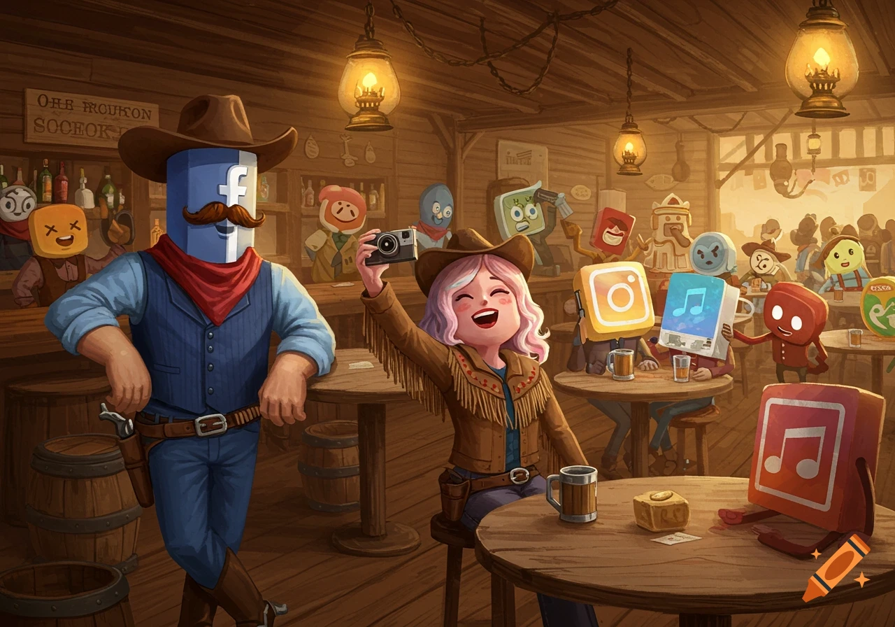 Cartoon app characters in Western attire inside a saloon, with a female character taking a selfie.