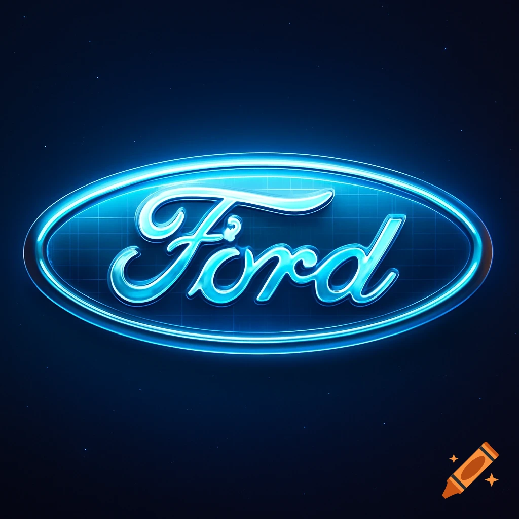 A glowing blue Ford logo with a futuristic design on a dark background.