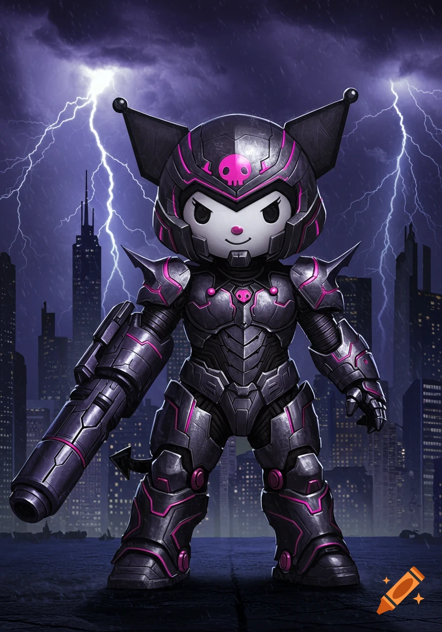Kuromi in black and pink armored suit with a cannon arm, standing in a stormy city at night with lightning strikes.