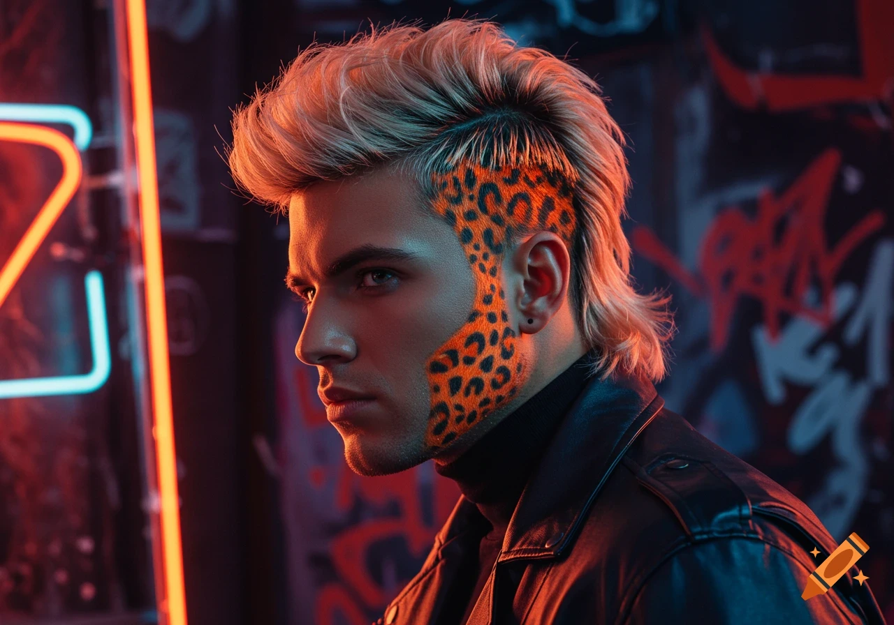 Man with bleached blonde mullet and orange leopard print hair and face against a neon and graffiti background.