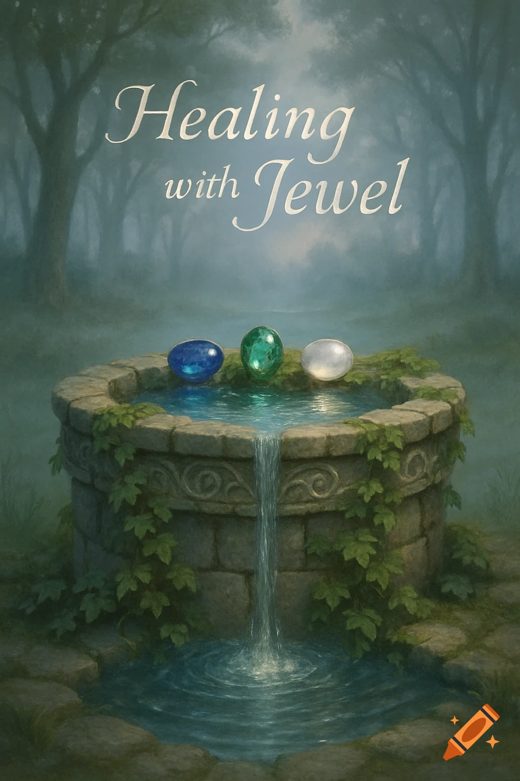 A mystical well overflowing with water in a foggy forest, with three glowing blue, green, and white jewels on its rim. Text reads "Healing with Jewel."