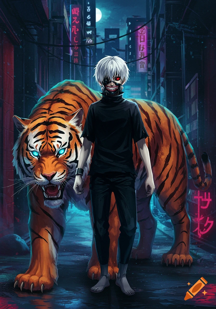 White-haired anime character in a mask with a ghoul eye stands with a glowing-eyed tiger in a dark, neon-lit city street.