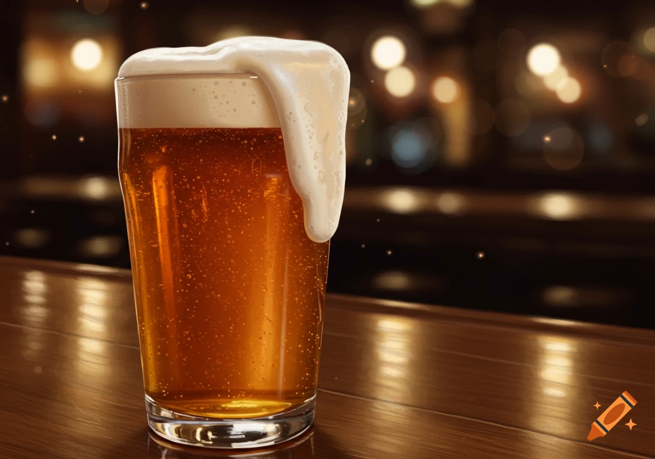 A photorealistic pint of beer with overflowing foam on a wooden bar, bokeh lights in the background.
