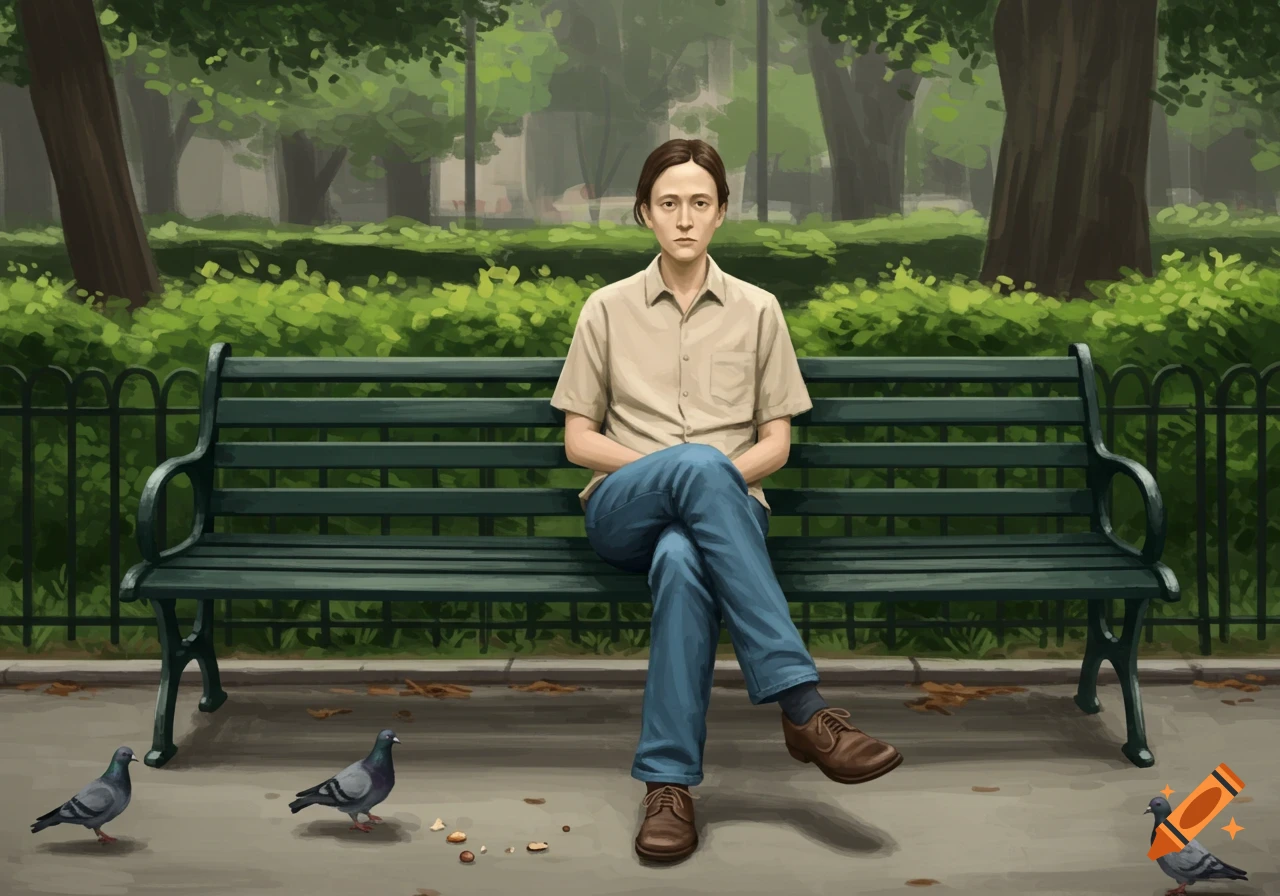 An illustration of a person with brown hair, wearing a beige shirt and blue jeans, sitting cross-legged on a green park bench with pigeons on the ground.