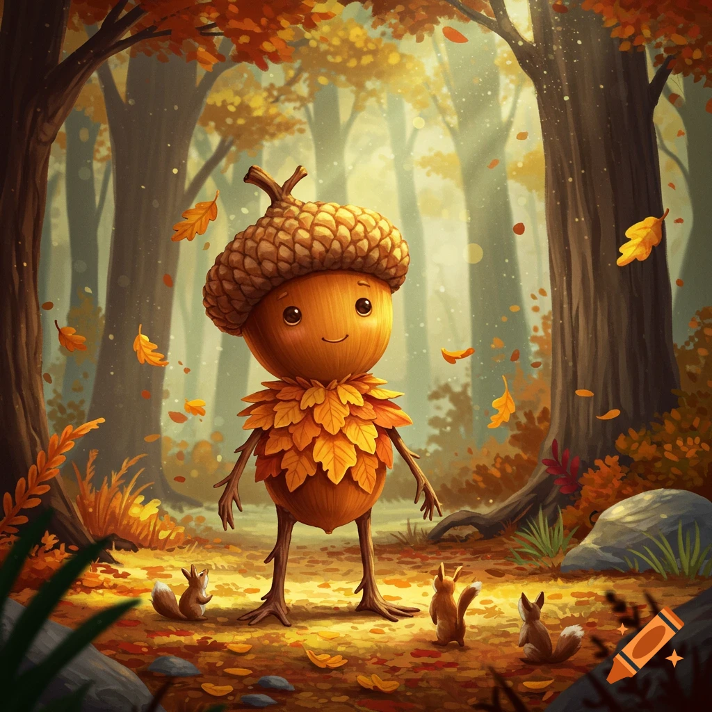 A cheerful cartoon acorn character with a leafy collar stands in an autumn forest with falling leaves and squirrels.