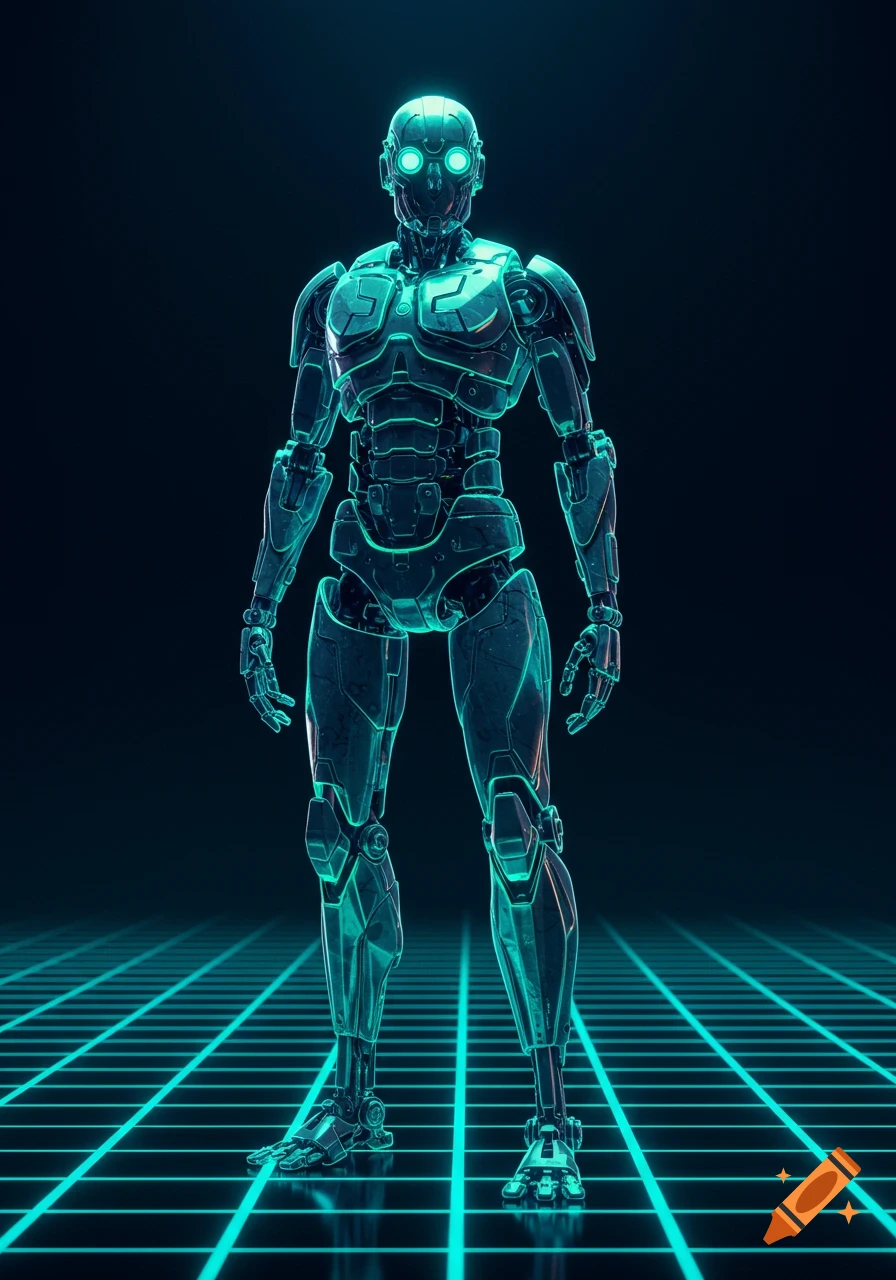 A tall, translucent cyan robot stands on a glowing grid in a dark room.