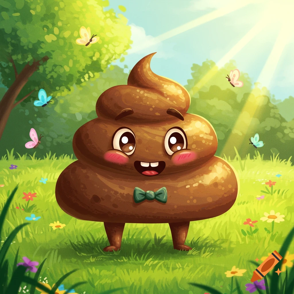 A cute, smiling cartoon poop character with a bow tie stands in a sunny field with flowers and butterflies.