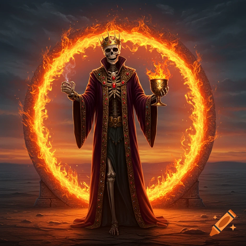 A skeletal king in ornate robes holds a chalice and a glowing ember, standing before a large fiery portal in a desolate landscape at sunset.
