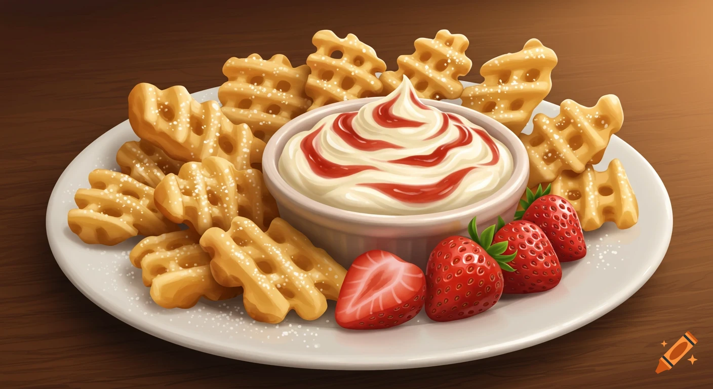 Mini waffle fries with powdered sugar, a bowl of strawberry swirled cream dip, and fresh strawberries on a white plate.