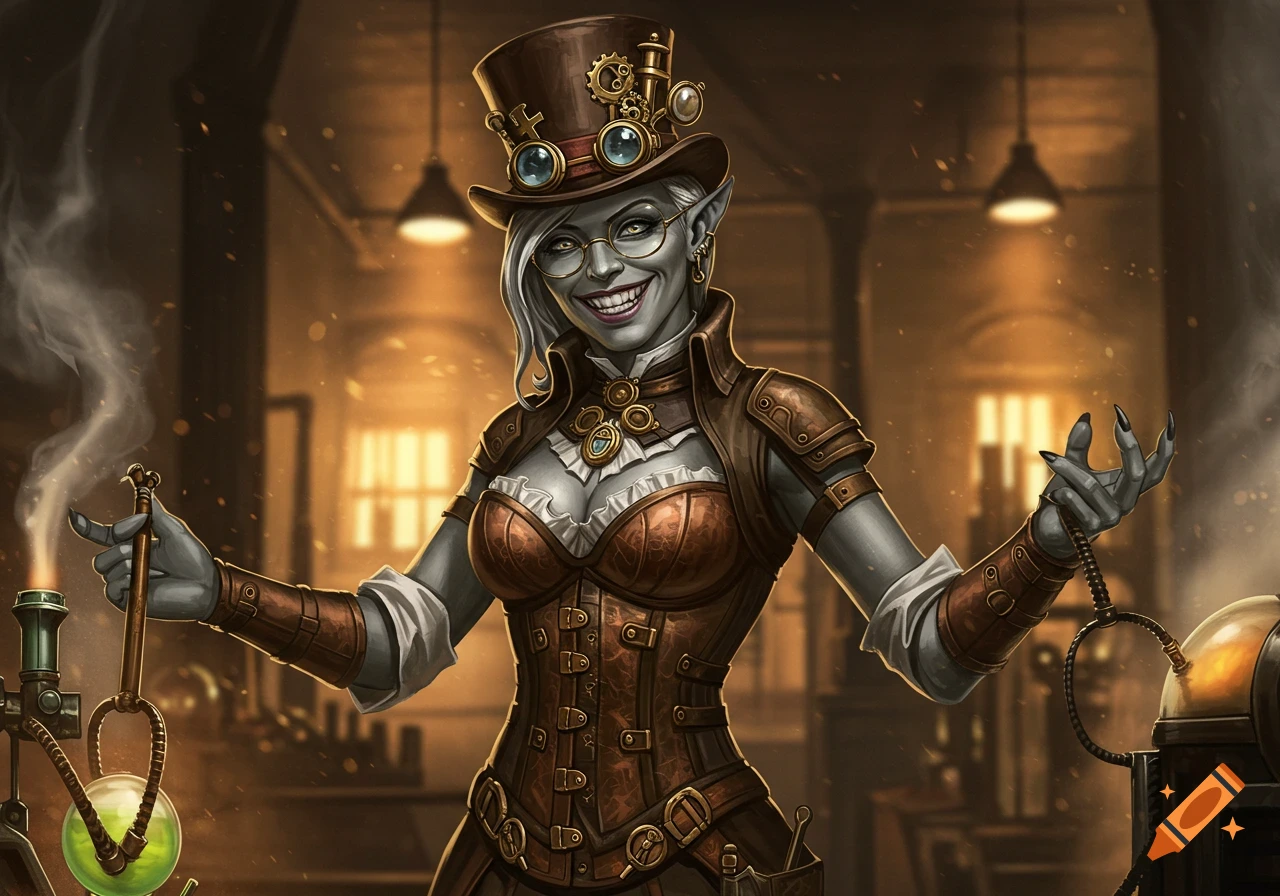 A smiling grey-skinned female character in a steampunk outfit, holding laboratory equipment in a workshop setting.