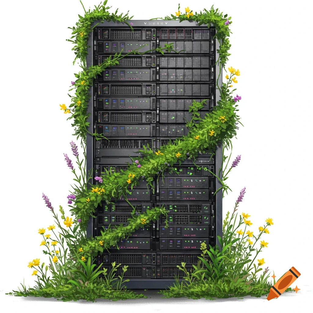 A tall data server rack is heavily overgrown with green vines and small yellow and purple wildflowers, on a white background.