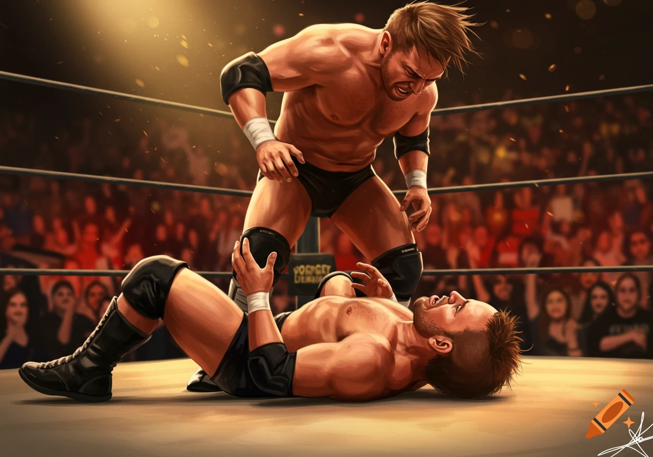 Two muscular wrestlers in a ring, one standing over the other who is on his back, under spotlights with a crowd in the background, in a dynamic digital art style.