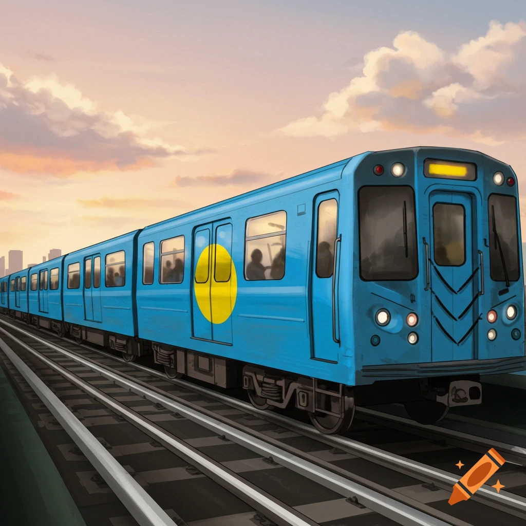 Blue subway train with the Palau flag emblem on its side, traveling on tracks with a city skyline and a sunset sky in the background.