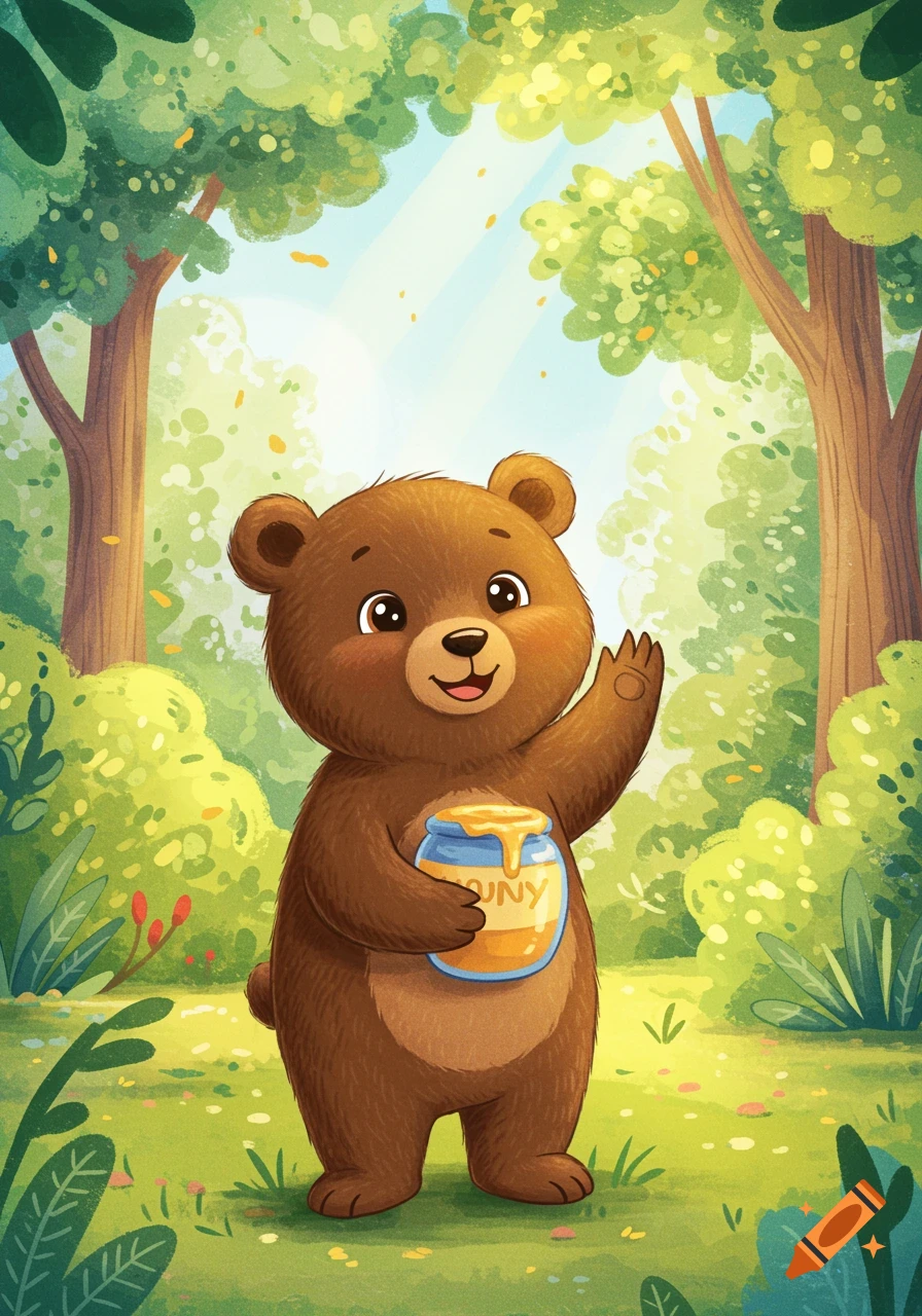 Cute cartoon bear holding a honey pot in a sunny forest, illustration style.