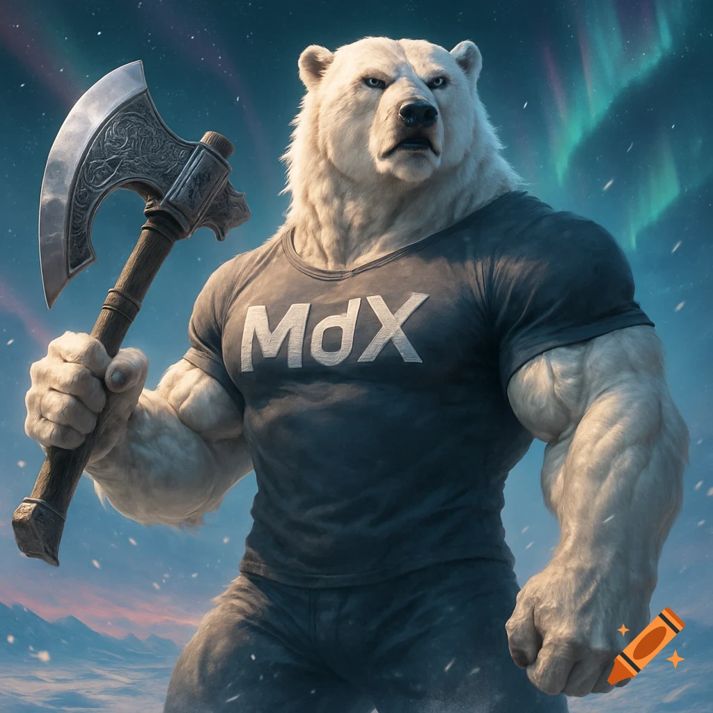 A muscular polar bear holds a large axe, wearing a t-shirt with 'MdX' on it, standing in a snowy landscape under the northern lights.