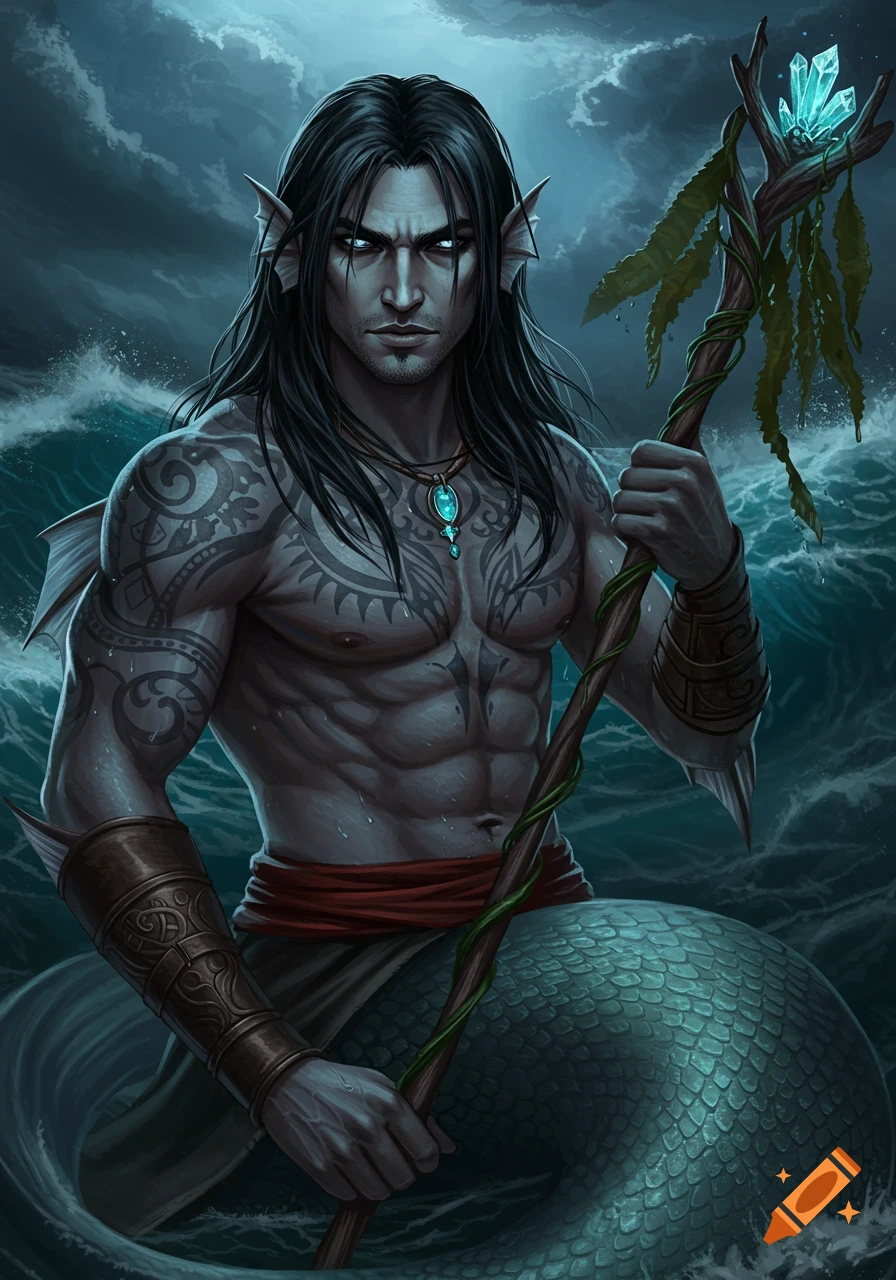 A male merfolk with long black hair, glowing eyes, and tribal tattoos emerges from stormy dark blue ocean waves, holding a staff with a glowing crystal.