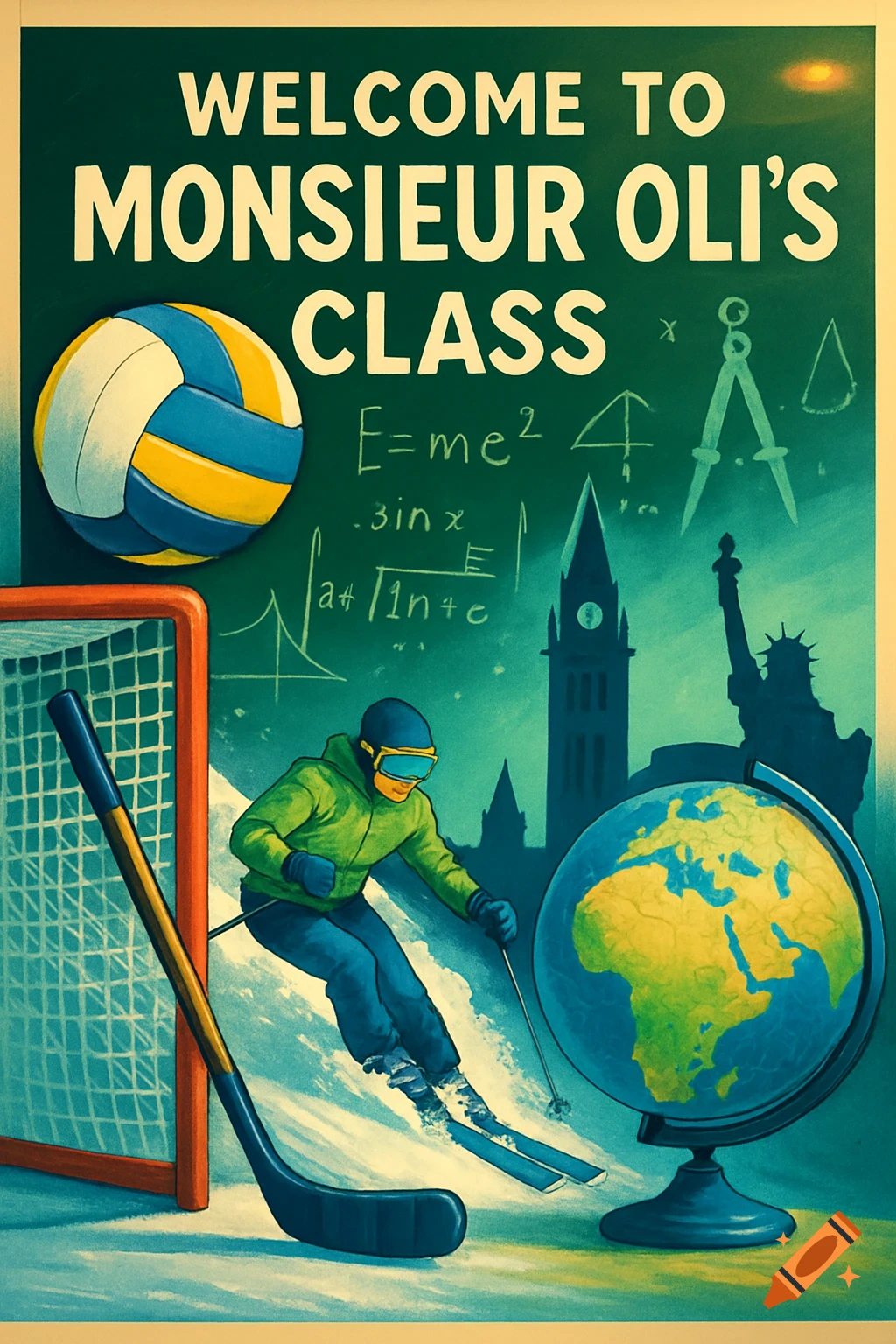 A colorful classroom poster featuring sports equipment (volleyball, hockey stick, skier), a globe, landmarks like the Parliament of Canada and Statue of Liberty, and a chalkboard with math formulas and text.