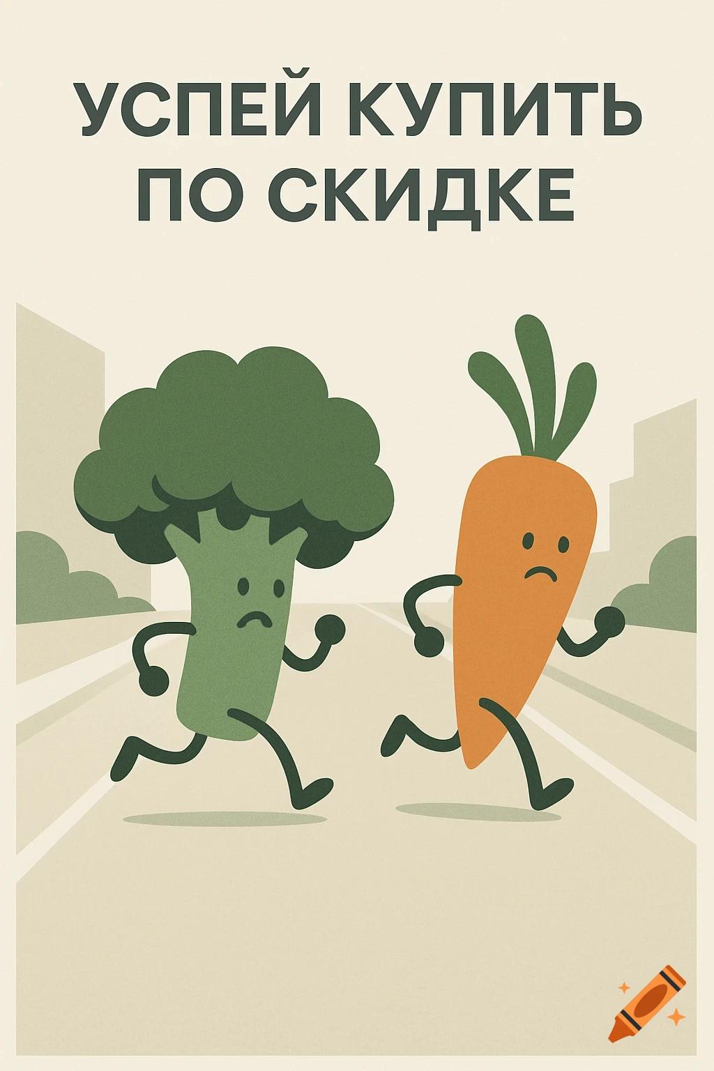 A minimalist flat vector illustration of a sad-faced broccoli and carrot running on a promenade under the text "Hurry to buy at a discount."