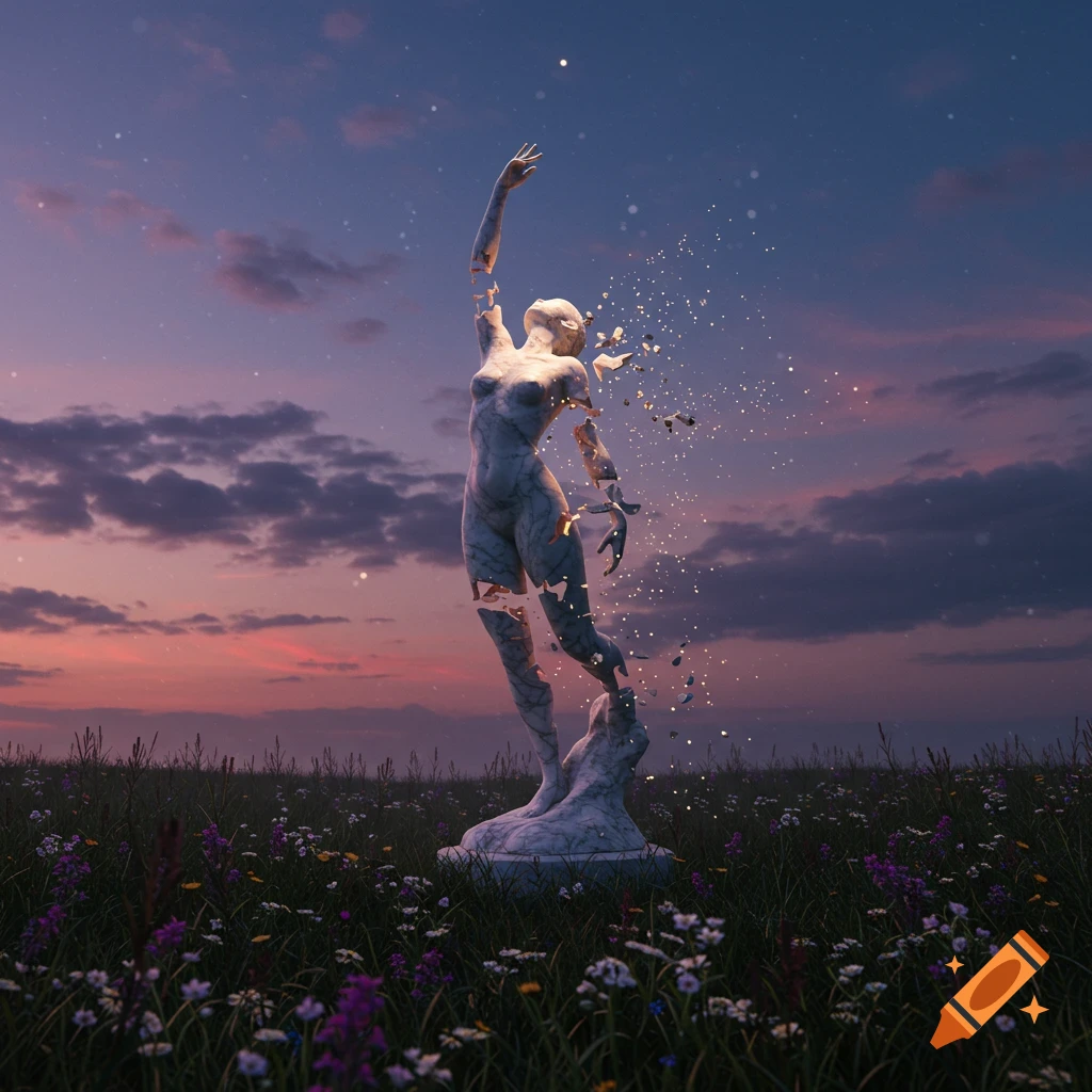 A marble statue of a woman disintegrates into particles in a grassy field at sunset.