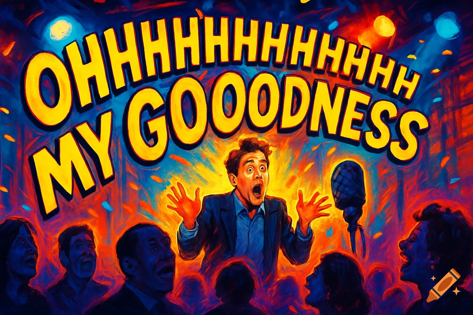 A vibrantly colored illustration of a man on stage looking surprised, with large yellow text 'OHHHHHHHHHHH MY GOOOOODNESS' above him and an audience below.
