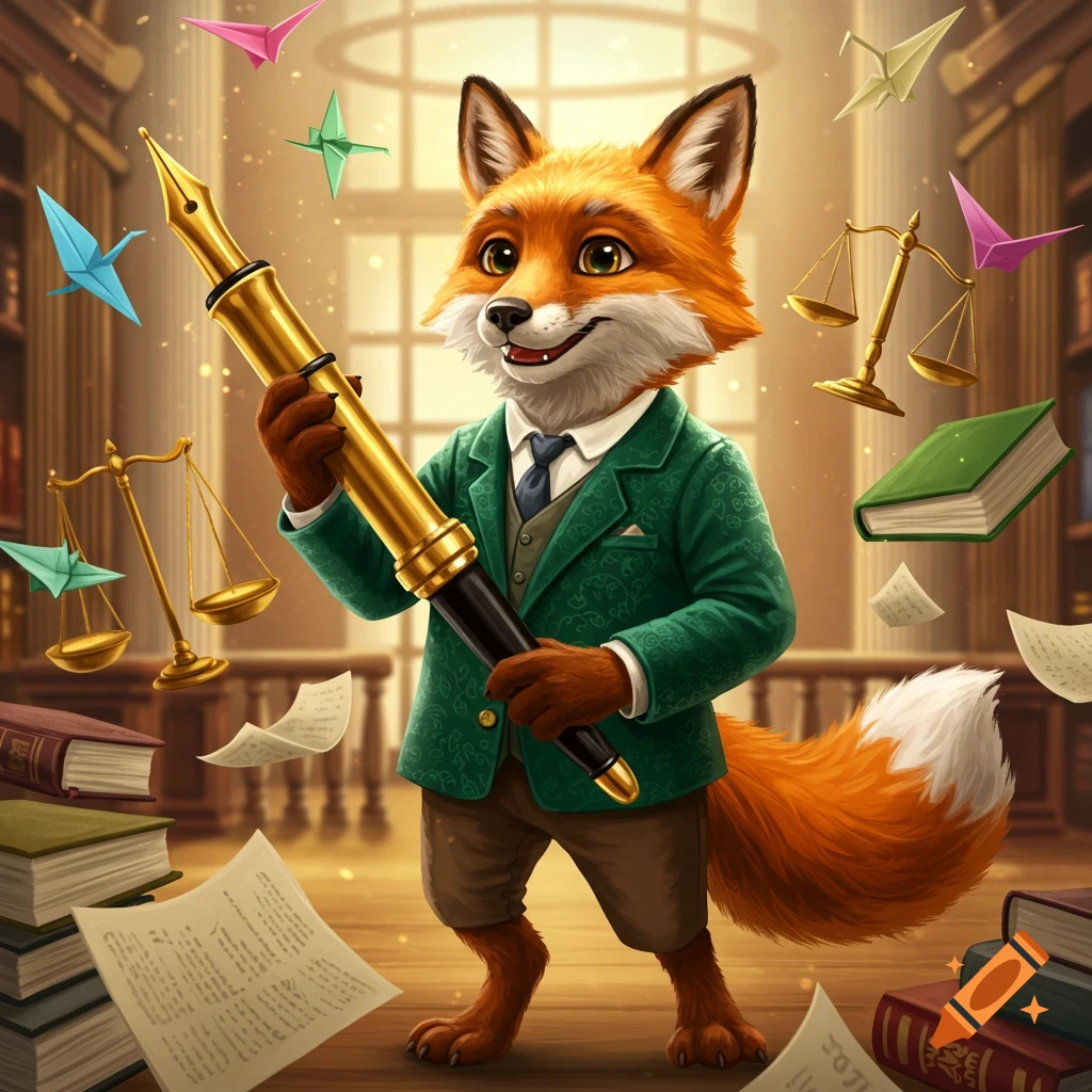 A friendly anthropomorphic fox in a green suit holds a giant golden fountain pen in a library with books and scales of justice.