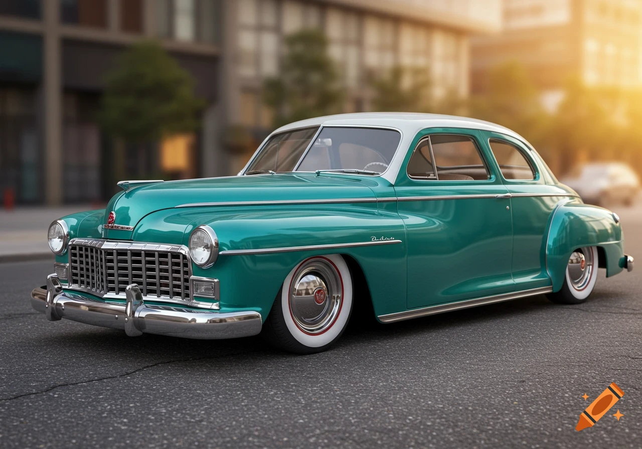 A teal and pearl white 1947 Dodge Deluxe sedan, lowered to the ground, with whitewall tires and chrome hubcaps, parked on asphalt with a blurred city background at sunset.