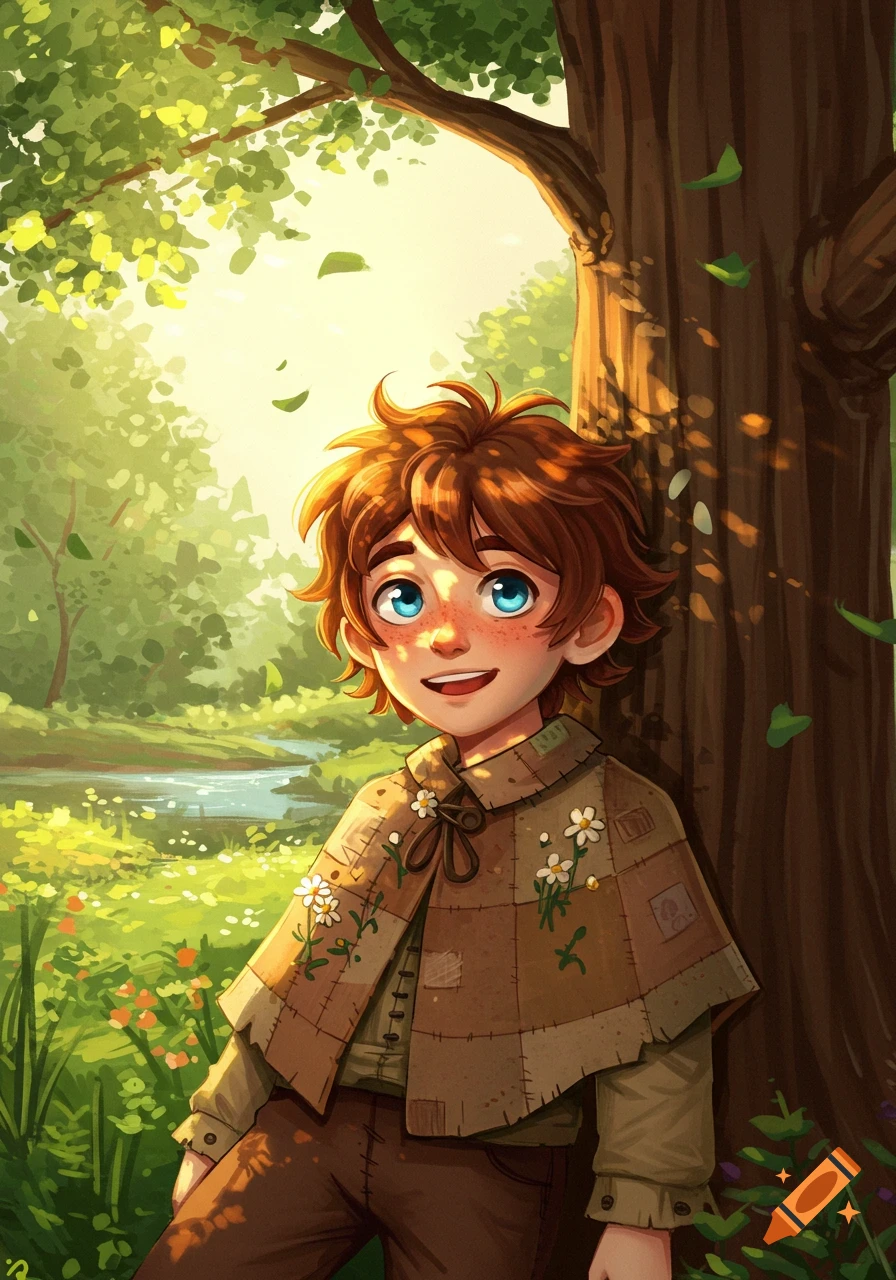 A happy, smiling boy with blue eyes and brown hair leans against a tree in a sunny, green forest. He wears a patched cloak with flowers.