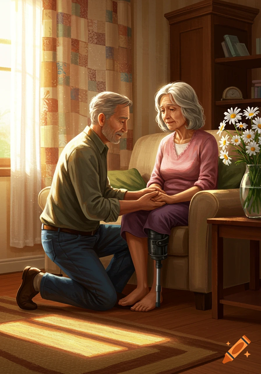 Elderly man kneels, holding hands with a woman with a prosthetic leg, seated in a sunlit living room. Illustrated.