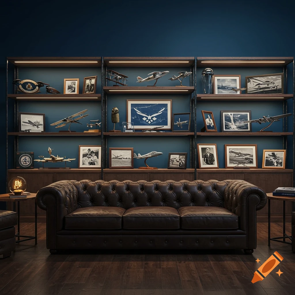 A dark blue room with a brown leather tufted sofa in the center, facing a large shelving unit filled with framed pictures, model airplanes, and military memorabilia.