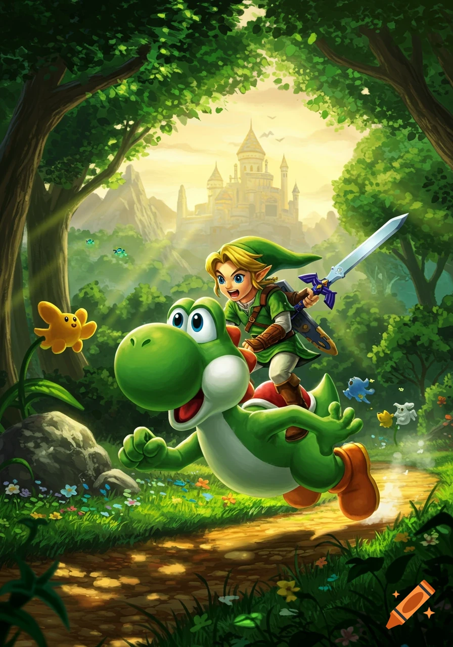 Link rides Yoshi through a vibrant green forest path towards a distant castle at sunset, in a cartoon fantasy style.