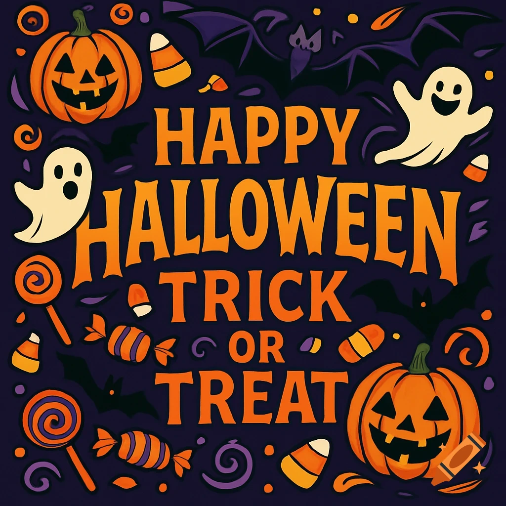A vibrant Halloween illustration with pumpkins, ghosts, bats, candy, and 'Happy Halloween Trick or Treat' text.