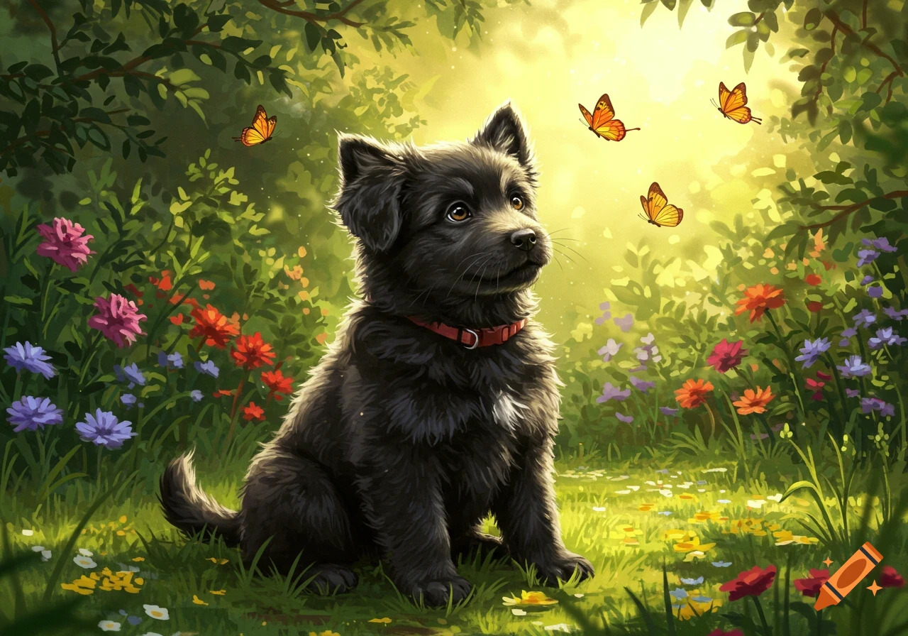 A cute black puppy with a red collar sits in a sun-drenched field filled with colorful flowers, looking up at three orange butterflies.