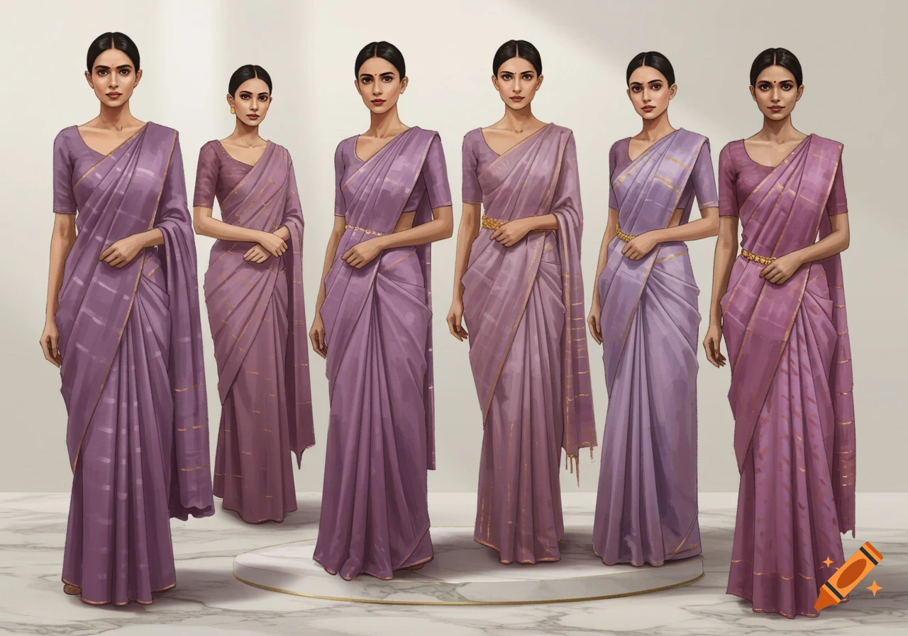 Six women stand side by side, posing in elegant purple saris with gold patterns in an illustrative style.