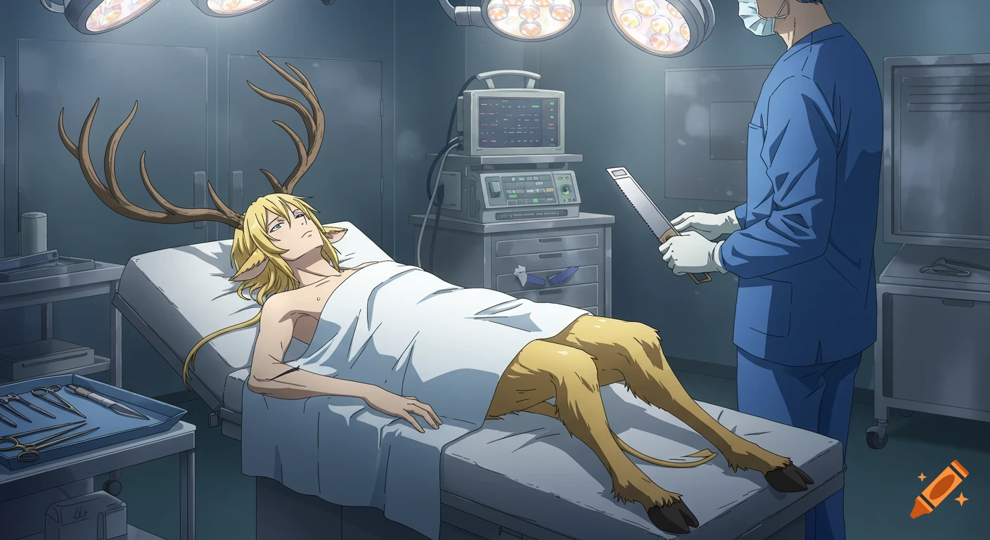 An anime-style image of a blond satyr-like character with antlers and hooves lying on an operating table while a surgeon holding a saw stands nearby.