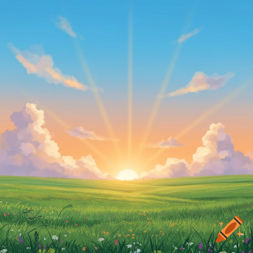Vibrant sunrise over a rolling green field with fluffy clouds, depicted in an illustrative style.