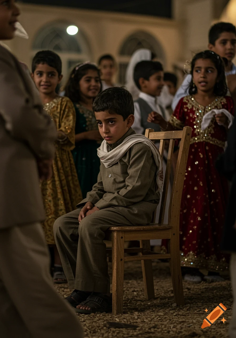 A young boy in traditional clothing sits sadly on a wooden chair at a wedding, with other children in the background. Photorealistic.