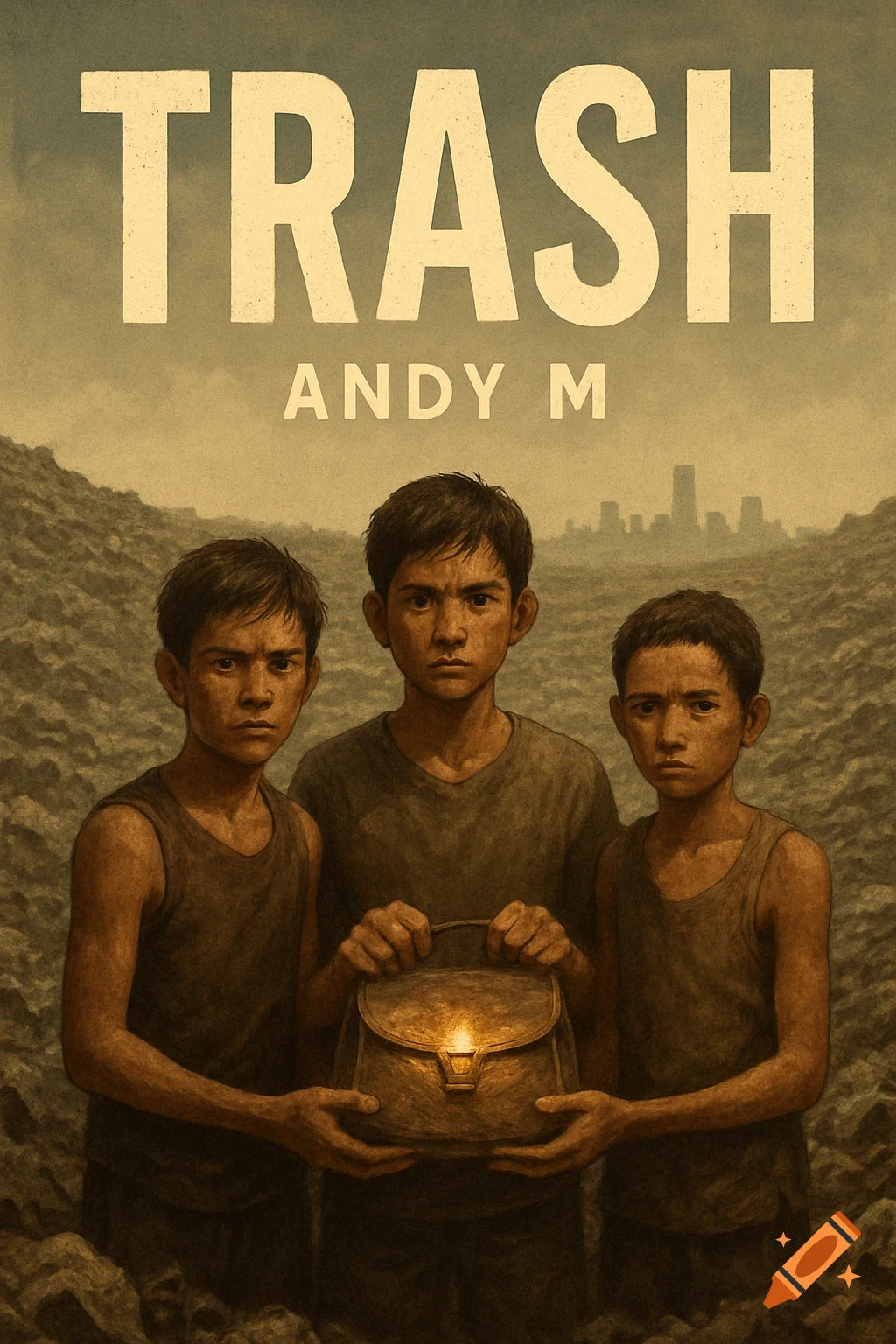 Stylized art of three boys in a landfill holding a glowing bag, with a city skyline in the distance and text "TRASH ANDY M".