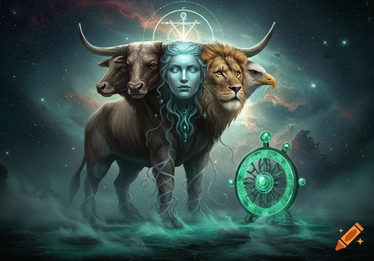 A mythical beast with heads of an ox, human, lion, and eagle stands in a cosmic, misty landscape with a glowing green wheel.