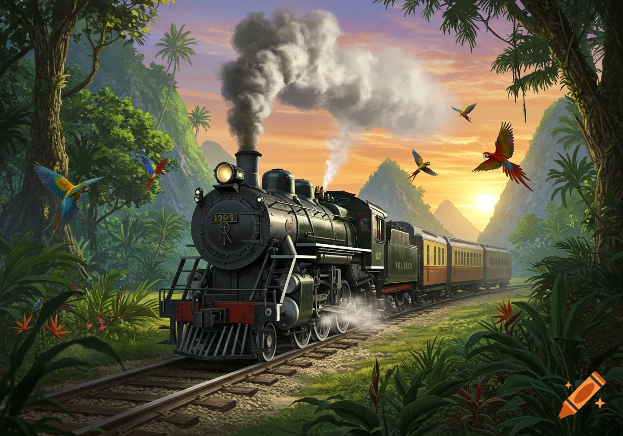 A steam train travels through a lush tropical jungle landscape at sunrise, with parrots flying around and mountains in the background.