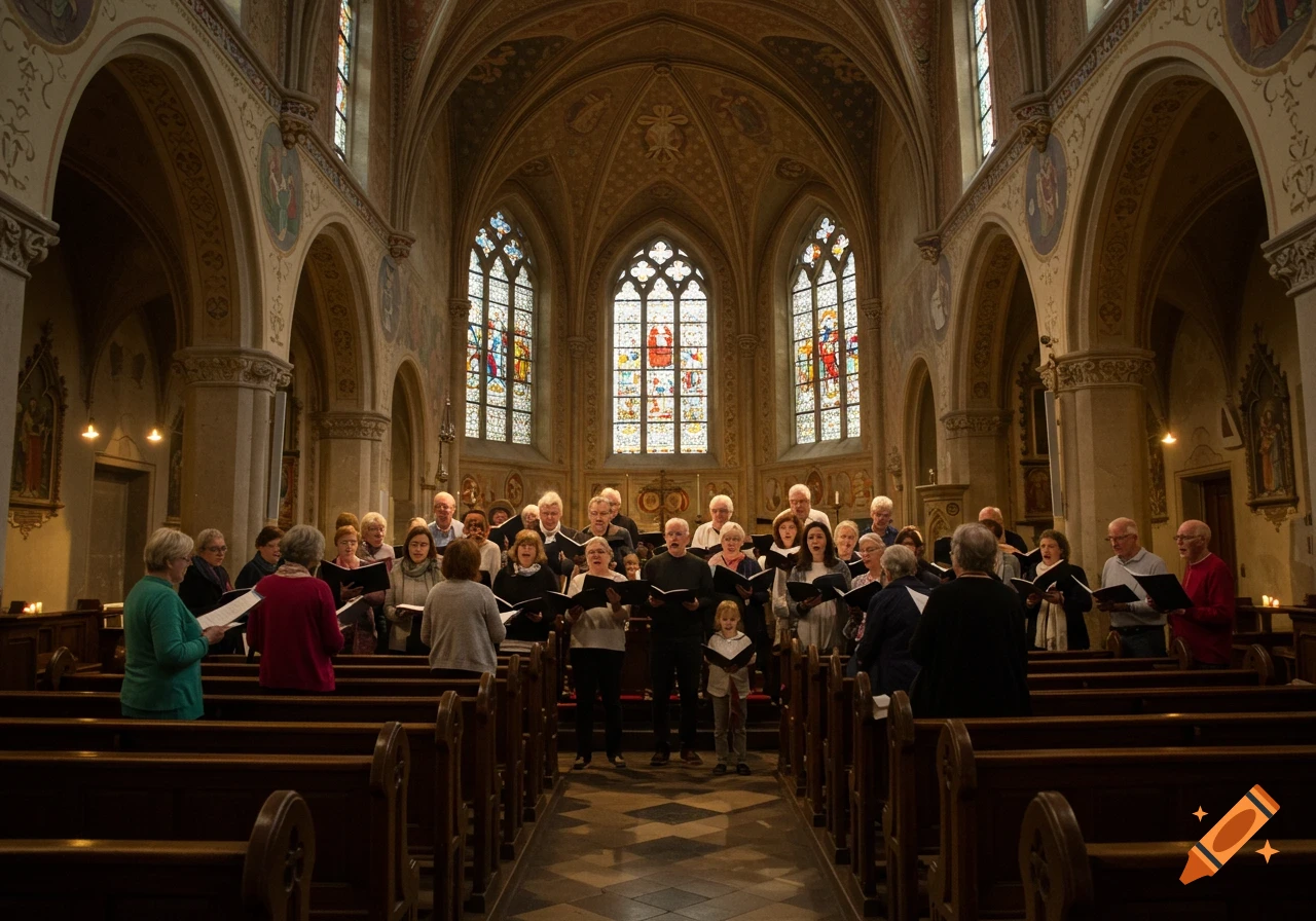 A diverse choir sings from hymnals in a grand church with high vaulted ceilings and large stained glass windows.