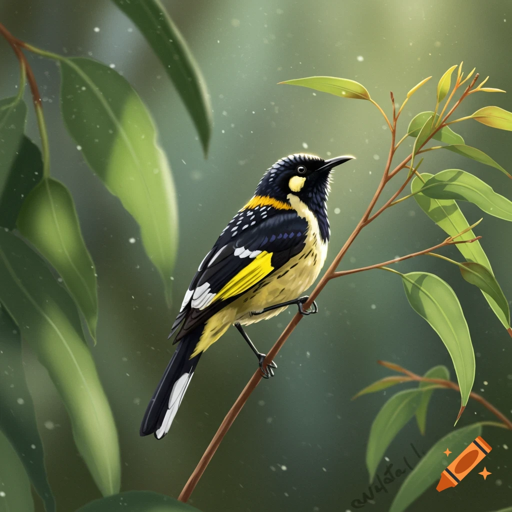 A vibrant New Holland Honeyeater bird with black, yellow, and white plumage perched on a green leafy branch, in a detailed digital painting.