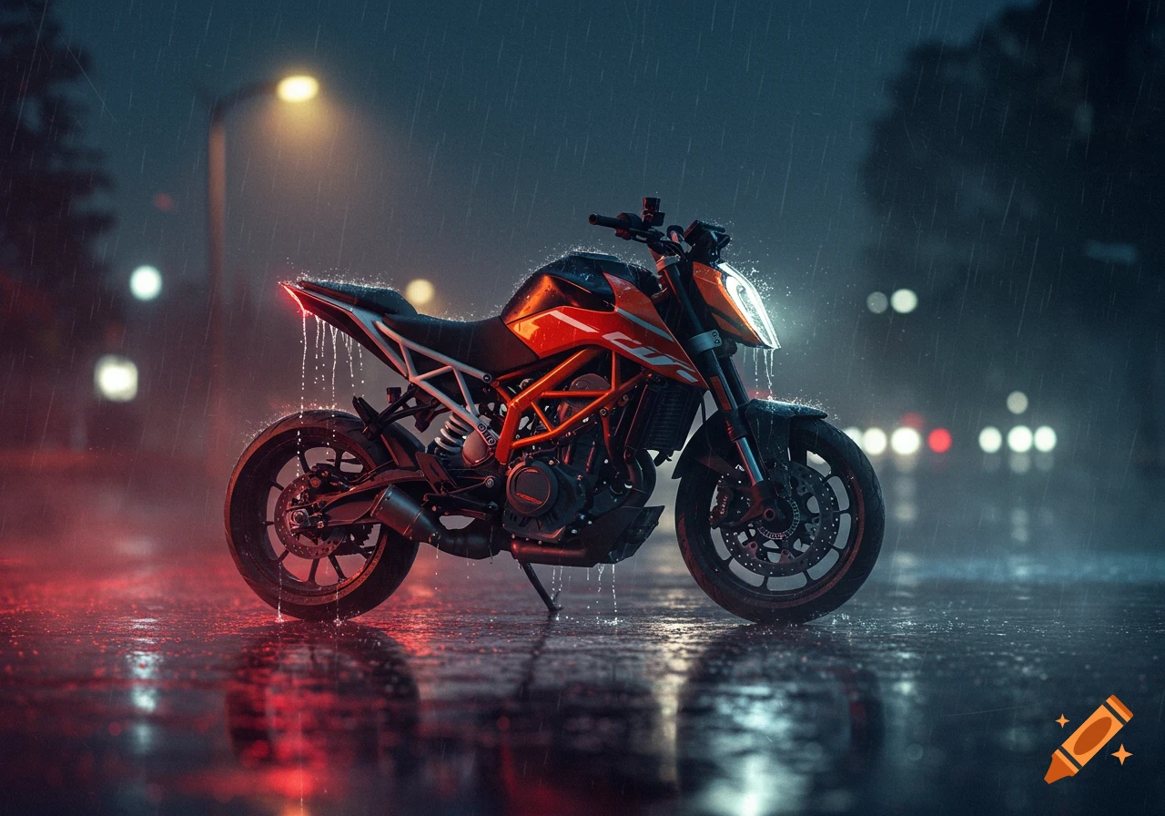 An orange and black motorcycle sits on a wet street in the pouring rain at night, illuminated by streetlights.