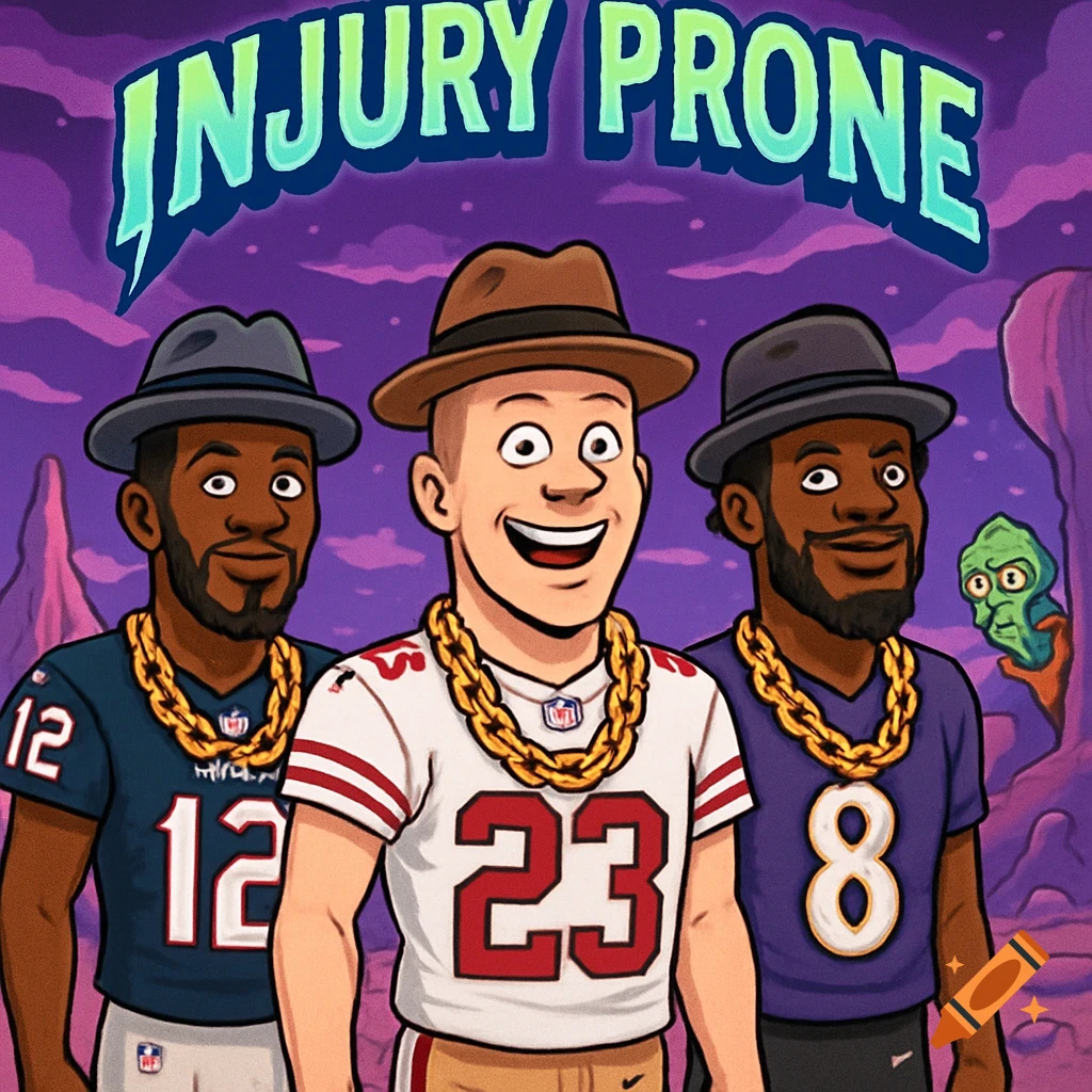 Cartoon of three football players wearing hats and gold chains with 'INJURY PRONE' text above them, on an alien planet.