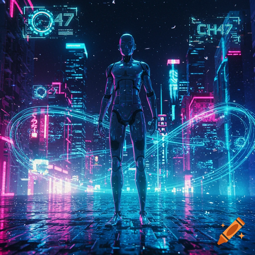 A humanoid robot stands in a neon-lit futuristic city with glowing blue and pink lights and digital displays.