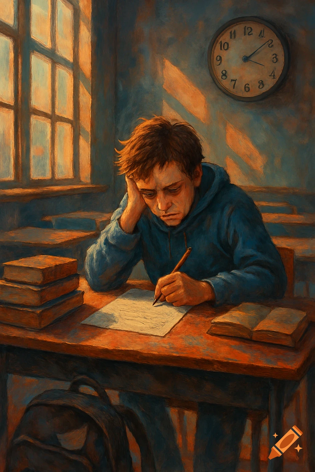 A painterly image of a young student sitting at a wooden desk in a classroom, appearing stressed while writing on a paper. Books are stacked nearby, and a clock hangs on the wall, bathed in warm light from a window.