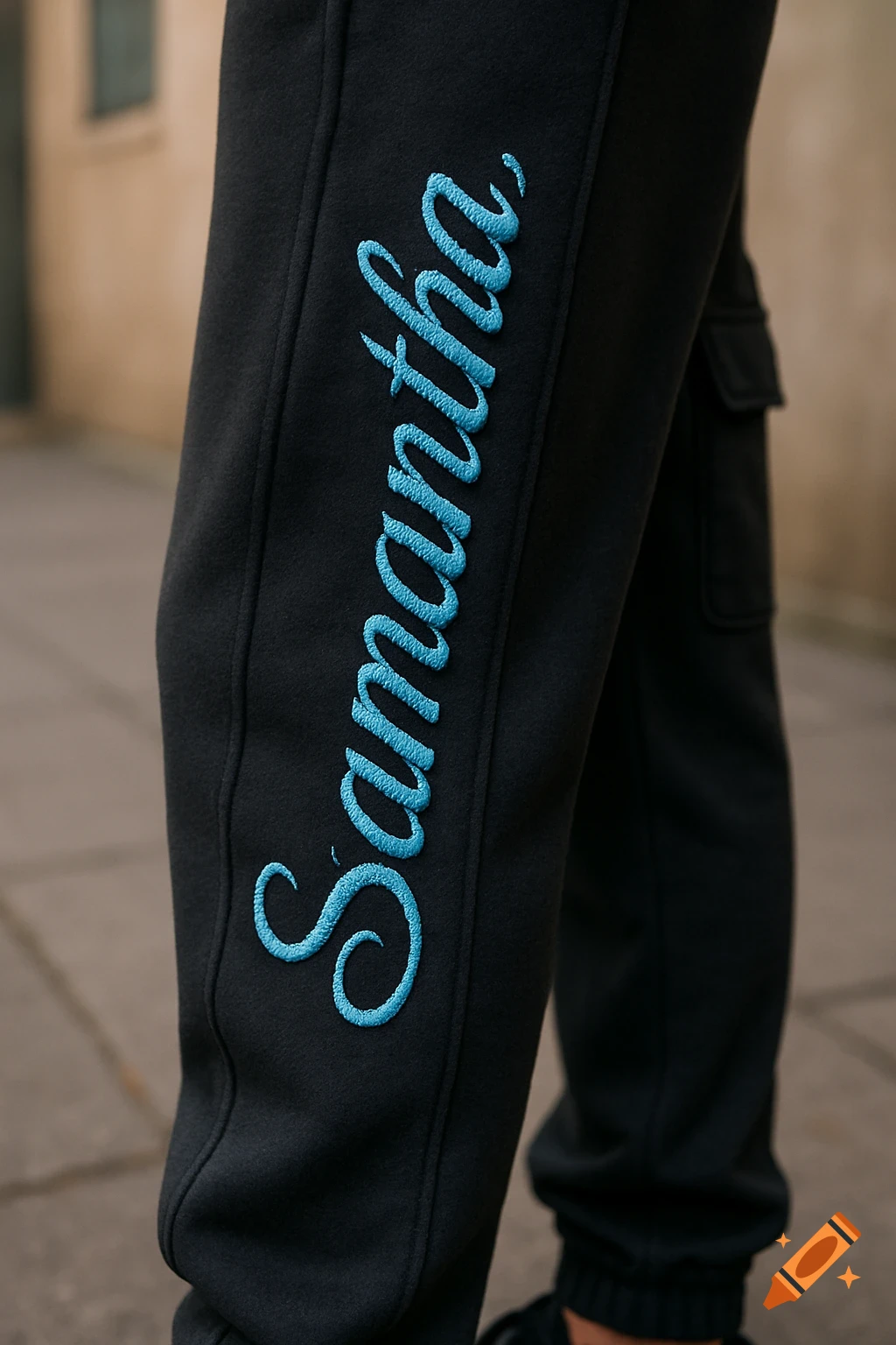 A close-up of black cargo sweatpants with the name 'Samantha' embroidered in light blue down the side.