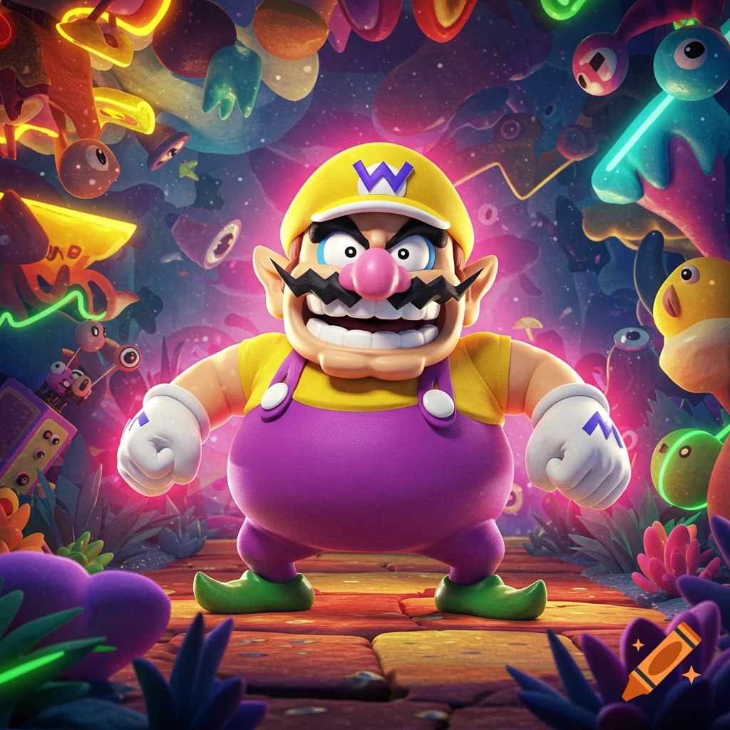 Wario stands intensely in a vibrant, glowing, surreal landscape with colorful, cartoonish elements.