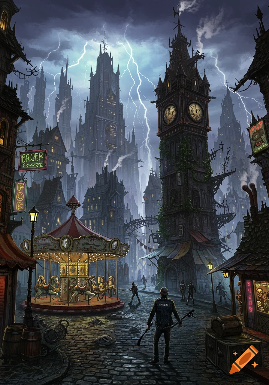 A gloomy, gothic cityscape with twisted, tall buildings and a large clock tower under a stormy sky with lightning. A carousel sits in the cobblestone street.